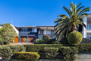 a palm tree in front of a building with bushes at Easy Living at 14 Daphne Street in Forster