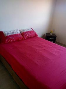 a bed with a pink blanket and pillows on it at Agradable casa para alojamiento completo CURITI in Curití