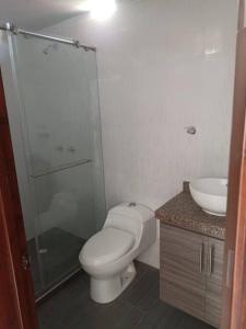 y baño con ducha, aseo y lavamanos. en Agradable casa para alojamiento completo CURITI, en Curití