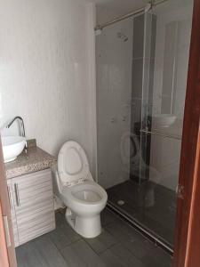 e bagno con servizi igienici, lavandino e doccia. di Agradable casa para alojamiento completo CURITI a Curití
