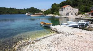 un grupo de barcos están atracados en el agua en Apartment Pomena 10426b, en Goveđari