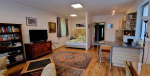 ein Wohnzimmer mit einem Sofa und einem Tisch mit einem TV in der Unterkunft Sofia Apartment Kázmér in Budapest