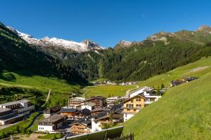 uma aldeia numa colina com montanhas ao fundo em Fernerblick Apartments em Tux