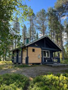 une petite cabane dans les bois avec des arbres dans l'établissement Metsä Kolo, à Saariharju