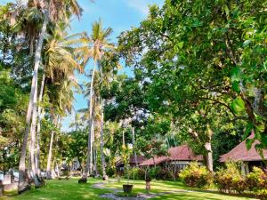 un jardín con palmeras y una casa de fondo en Gaia-Oasis Beach Resort, en Tejakula
