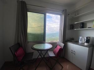eine Küche mit einem Tisch und Stühlen sowie einem großen Fenster in der Unterkunft The Palm Guest House in Kohīma