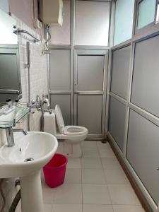 La salle de bains est pourvue de toilettes, d'un lavabo et d'un miroir. dans l'établissement The Palm Guest House, à Kohīma