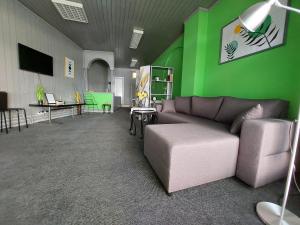 - un salon avec un canapé et un mur vert dans l'établissement Mila Studio, à Bač