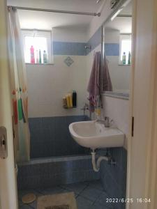 uma casa de banho com um lavatório e um chuveiro em Ήσυχο οικογενειακό σπίτι. em Astros