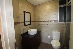 a bathroom with a toilet and a sink and a mirror at Boulevard 114 in Margate +9 photos