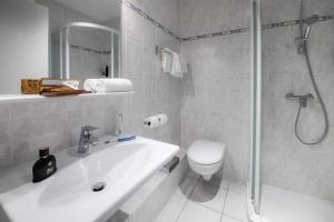 a bathroom with a shower and a sink and a toilet at Sure Hotel by Best Western Centre Beaune in Beaune