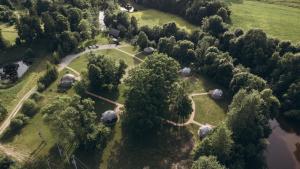 an overhead view of a park with trees and tents at VasaRojaus Kupolai in Birštonas
