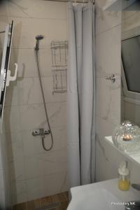La salle de bains est pourvue d'une douche avec rideau de douche. dans l'établissement kynosargous square's apartment, à Athènes