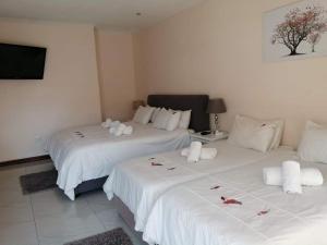 2 Betten in einem Hotelzimmer mit weißer Bettwäsche in der Unterkunft Esperanca Guesthouse in Windhoek