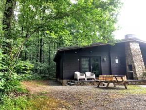 a black cabin in the woods with two chairs and a bench at Forest Lodge in Petit Mesnil