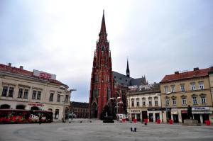 un edificio alto de color rojo con un campanario en una ciudad en Apartments with a parking space Osijek, Slavonija - 16319, en Osijek