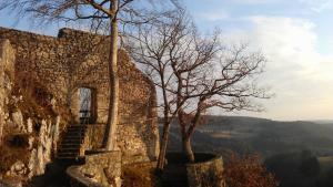 a stone building with stairs and trees on a hill at Ferienpark Lauterdörfle 5 in Hayingen