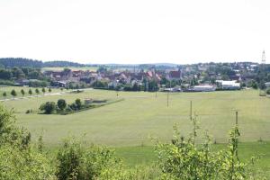 un champ d'herbe verte avec une ville en arrière-plan dans l'établissement Haffblick Boltenhagen 1 1, à Boltenhagen