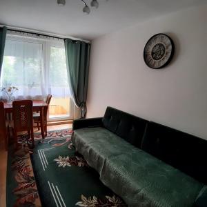 a living room with a couch and a clock on the wall at Apartament Grodzka in Wałbrzych +11 photos