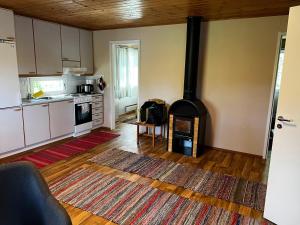a kitchen with a stove in the middle of a room at Minttu in Orivesi +22 photos