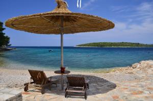 a table and two chairs under a umbrella on a beach at Apartments by the sea Loviste, Peljesac - 15150 in Lovište