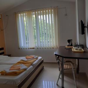 sypialnia z łóżkiem, biurkiem i oknem w obiekcie Green House w mieście Eforie Sud