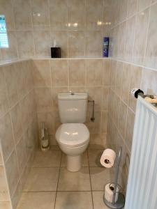 een badkamer met een toilet in een betegelde kamer bij Castorama in Rochehaut