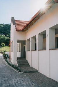 a house with a pathway next to it at Kardamom Studio Apartman in Szigliget