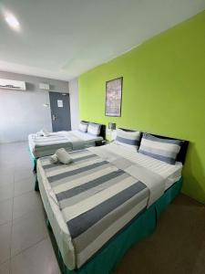 two beds in a room with green walls at Metroinn Hotel in Arau