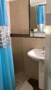 サン・ジョルジョ・イオーニコにあるCasa Antoのバスルーム(シンク、シャワーカーテン付)