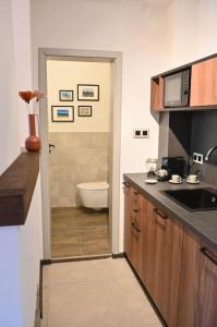 uma cozinha com um lavatório e um WC na casa de banho em Marand Villas em Bansko