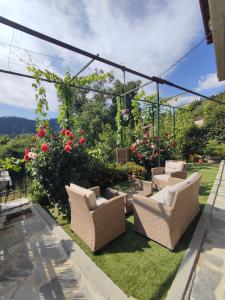 un patio con sedie e fiori sull'erba di Herme's Hut a Pavliani