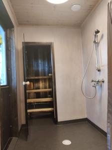 ein Badezimmer mit einer Dusche und einem Bücherregal in der Unterkunft Tuura in Orivesi