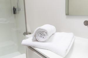 桑坦德Hostel Villa Miguela的浴室内台面上的毛巾堆