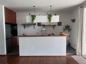eine Küche mit einer großen weißen Theke in einem Zimmer in der Unterkunft Villa ALDIANA in Cap Skirring