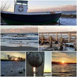 a collage of photos with a boat on the beach at Am Deich 36 in Zingst