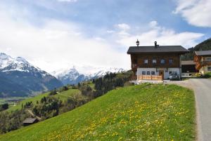 ツェル・アム・ゼーにあるBio-Bergbauernhof Hubgutの山を背景にした丘の上の家