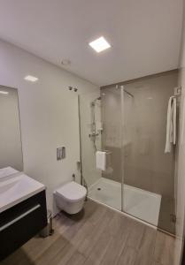 a bathroom with a shower and a toilet and a sink at Casa do Adro Hotel in Ferreira do Zêzere