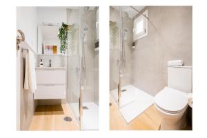 two pictures of a bathroom with a toilet and a shower at Diseño Triana 2 rooms in Seville