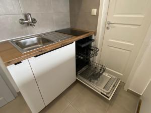 a small kitchen with a sink and a dishwasher at Studio Tara with balcony in Bled +10 photos