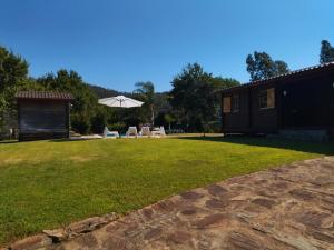 a yard with two chairs and an umbrella at Casa do Vale de Gondra in Castelo de Paiva