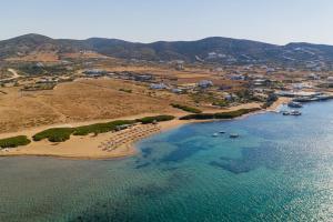 an aerial view of a beach with boats in the water at KAMEO, Antiparos in Antiparos