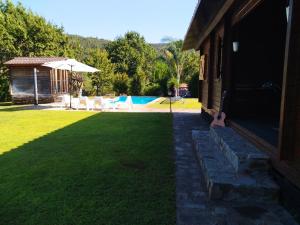 a yard with an umbrella and a swimming pool at Casa do Vale de Gondra in Castelo de Paiva