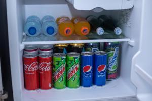 a refrigerator filled with lots of cans of soda at Turon Lux Hotel in Samarkand