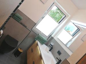 vistas a un baño con 2 ventanas en Das Prinzenberg Appartement en Maria Alm am Steinernen Meer