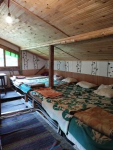 un grupo de camas en una habitación con techos de madera en Хижа Ловна в Рила, en Panichishte