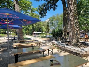 a group of picnic tables with a blue umbrella at L'entre deux Eaux 'Maison' Balcon 'et Jardin in Reims