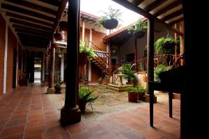 巴里查拉的住宿－阿帕里西奧洛佩茲旅館，建筑中种有盆栽植物的庭院