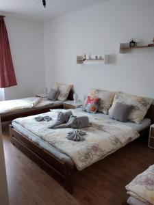 ein Schlafzimmer mit 2 Betten mit Kissen darauf in der Unterkunft Apartmán Nad řekou in Vejprty