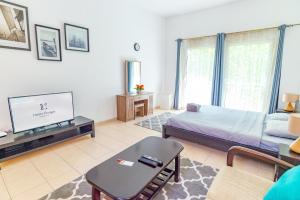 a living room with a bed and a tv at Fully equipped studio near to metro - HRI in Dubai